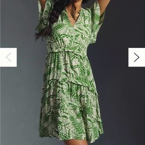 Anthropologie Green Leaf Print Mini Dress